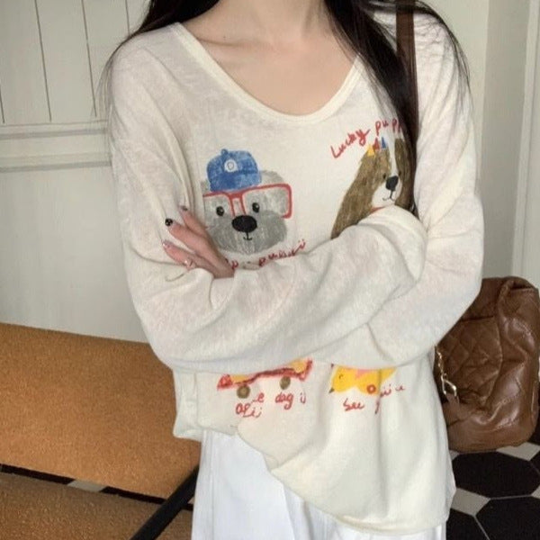 Cartoon Printed Cute Dog Long Sleeve T-shirt Loose