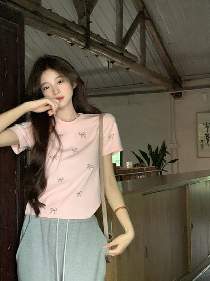 Simple Fashion Butterfly Rhinestone Round Neck Short Sleeve Female Summer