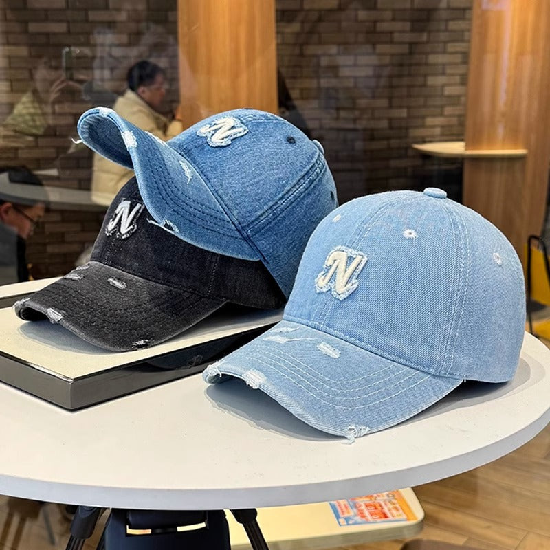 Embroidered Denim Letter Baseball Women's Ripped Peaked Cap Sun Hat