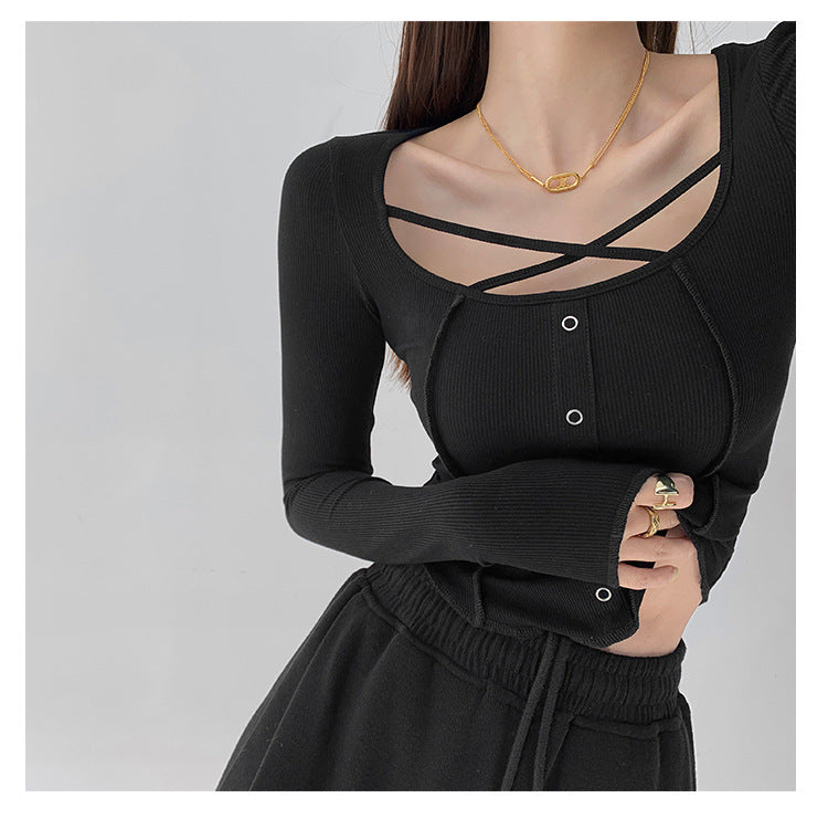 Slim Fit Slimming Sense Of Design Niche Cross Long Sleeves Round Neck Bottoming Shirt Top