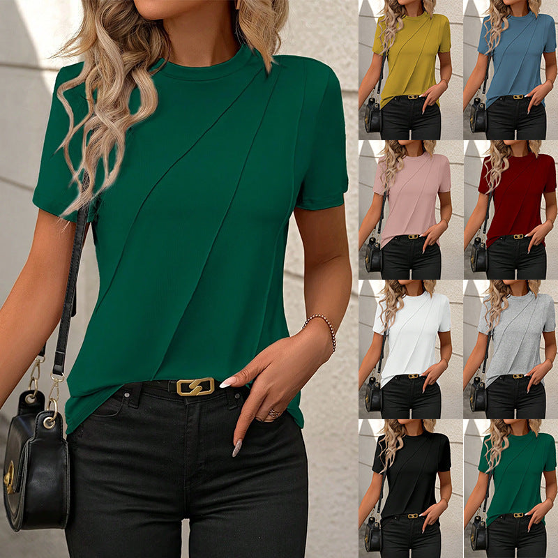 Solid Color Round Neck Short Sleeves Loose T-shirt