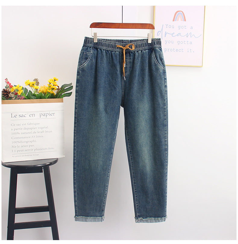 Elastic Waist Loose Wide Leg Jeans Extra Large Size Straight-leg Pants High Elastic