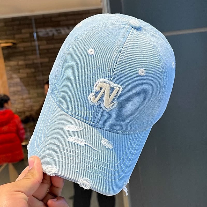 Embroidered Denim Letter Baseball Women's Ripped Peaked Cap Sun Hat