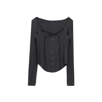 Slim Fit Slimming Sense Of Design Niche Cross Long Sleeves Round Neck Bottoming Shirt Top