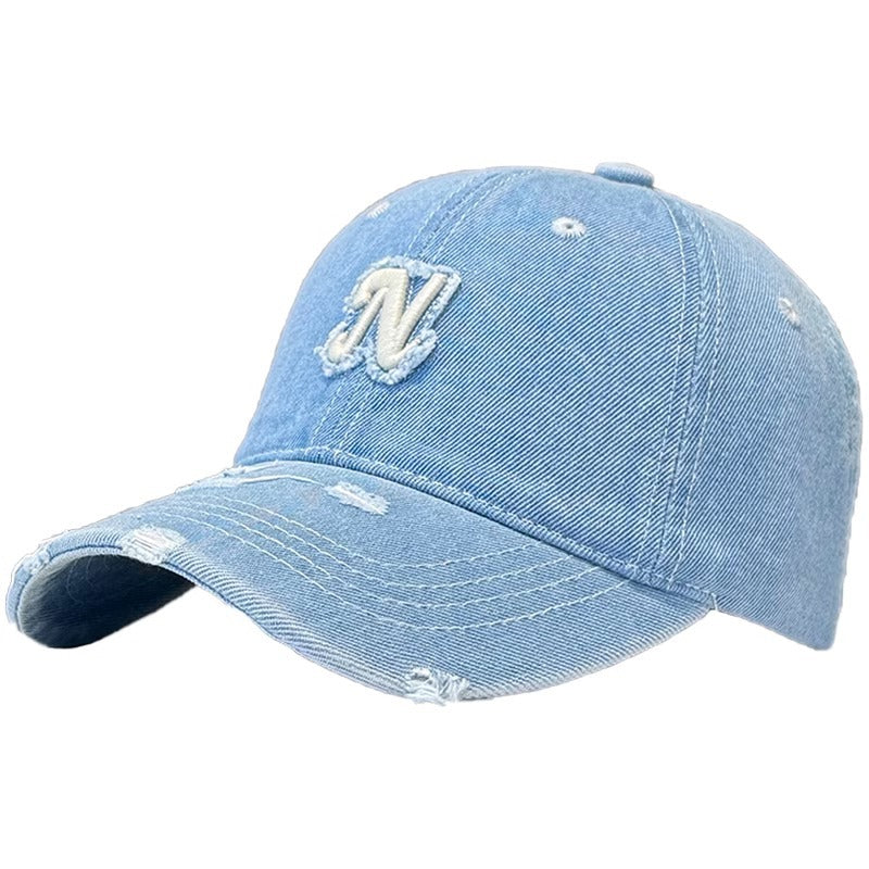 Embroidered Denim Letter Baseball Women's Ripped Peaked Cap Sun Hat