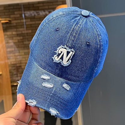 Embroidered Denim Letter Baseball Women's Ripped Peaked Cap Sun Hat