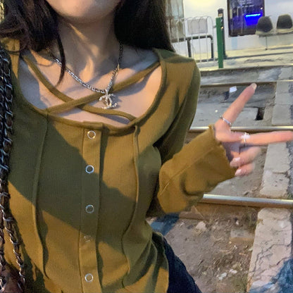 Slim Fit Slimming Sense Of Design Niche Cross Long Sleeves Round Neck Bottoming Shirt Top