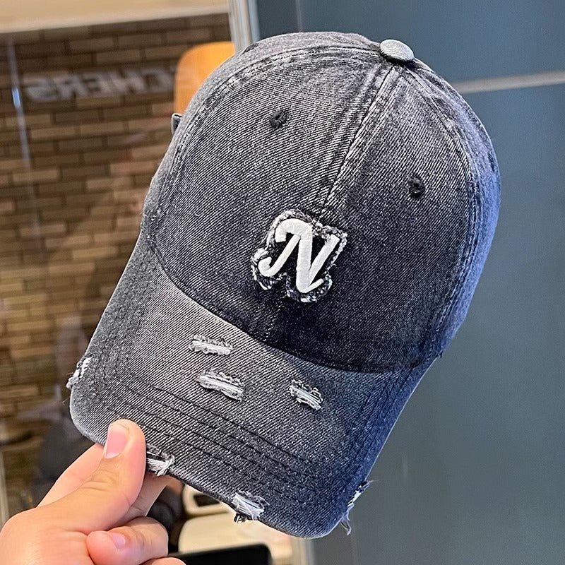 Embroidered Denim Letter Baseball Women's Ripped Peaked Cap Sun Hat