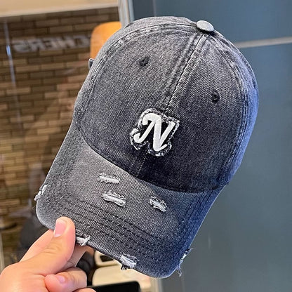 Embroidered Denim Letter Baseball Women's Ripped Peaked Cap Sun Hat