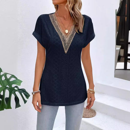 Lace Stitching Batwing Sleeve Slit Hemline At Hem T-shirt