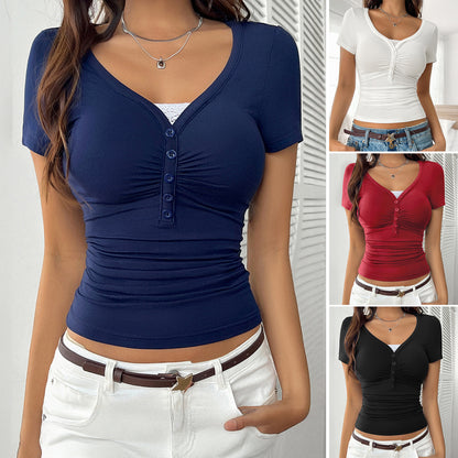 Solid Color Slim Lace Stitching V-neck Short Sleeve Top