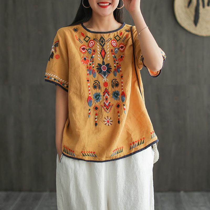 Cotton And Linen Embroidered T-shirt Artistic Loose Pullover Top