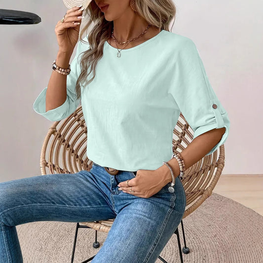 Solid Color Round Neck Casual Fashion Simple Design Women's Elegant Shirt
