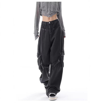 Slimming Large Pocket Design High Waist Straight Wide Leg Jeans