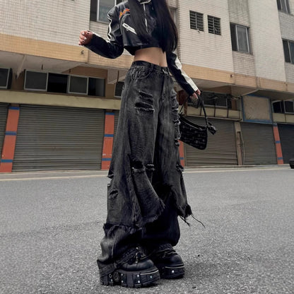 High Street Distressed Cargo Jeans Wide Leg Trousers