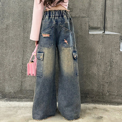 Girls' Fashionable Gradually Varied Pink Broken Holes Pants