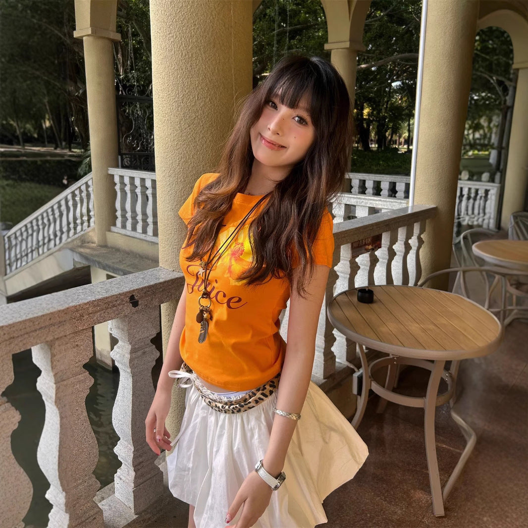 All-matching Summer Orange Printed Short Sleeve