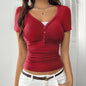 Solid Color Slim Lace Stitching V-neck Short Sleeve Top