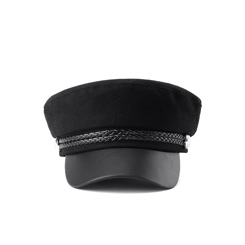 Black Beret British Retro Woolen Navy Flat-top Cap