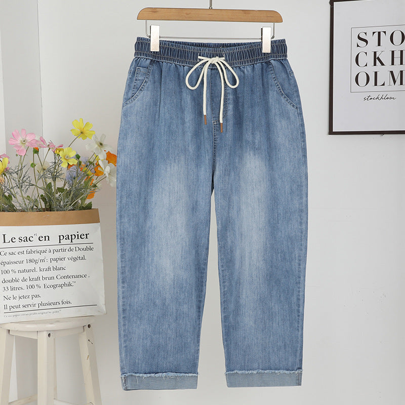 Elastic Waist Loose Wide Leg Jeans Extra Large Size Straight-leg Pants High Elastic