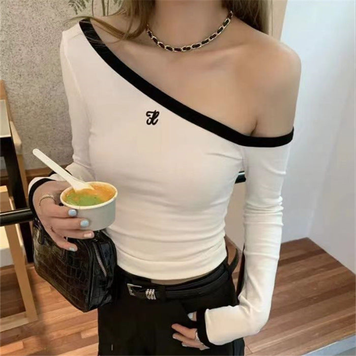 Women's Long-sleeved Contrast Color Slim Fit-letter Off-shoulder Top