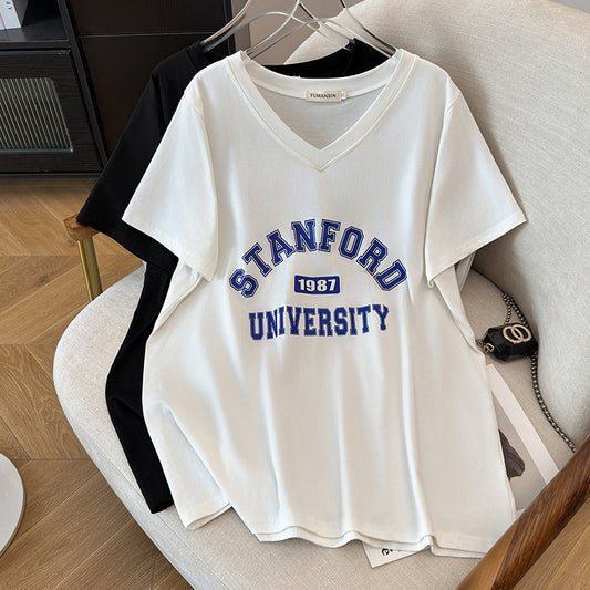 V-neck New Plus-sized Plus Size Slimming Loose Mid-length Short Sleeve