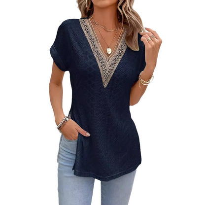 Lace Stitching Batwing Sleeve Slit Hemline At Hem T-shirt