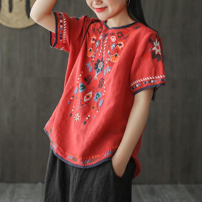 Cotton And Linen Embroidered T-shirt Artistic Loose Pullover Top