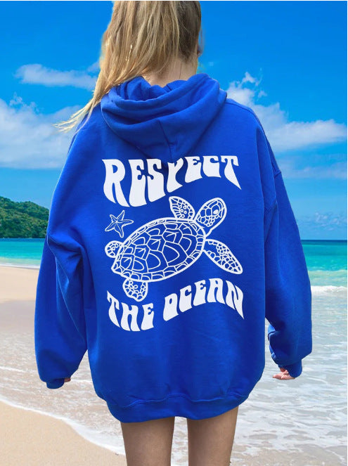 Comfortable Suede Hoodie Turtle And Starfish Pattern Sweater