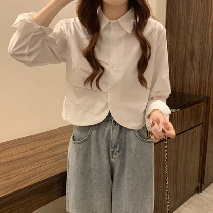 French White Shirt Women's Spring Design Sense Niche Shirt Temperament High Sense Chic Beautiful Short Long Sleeve Top