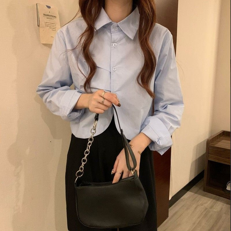 French White Shirt Women's Spring Design Sense Niche Shirt Temperament High Sense Chic Beautiful Short Long Sleeve Top
