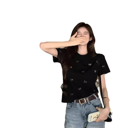 Simple Fashion Butterfly Rhinestone Round Neck Short Sleeve Female Summer