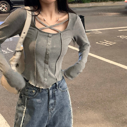 Slim Fit Slimming Sense Of Design Niche Cross Long Sleeves Round Neck Bottoming Shirt Top