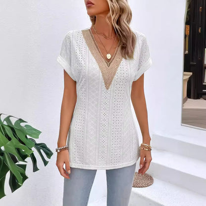 Lace Stitching Batwing Sleeve Slit Hemline At Hem T-shirt
