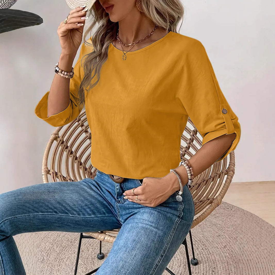 Solid Color Round Neck Casual Fashion Simple Design Women's Elegant Shirt