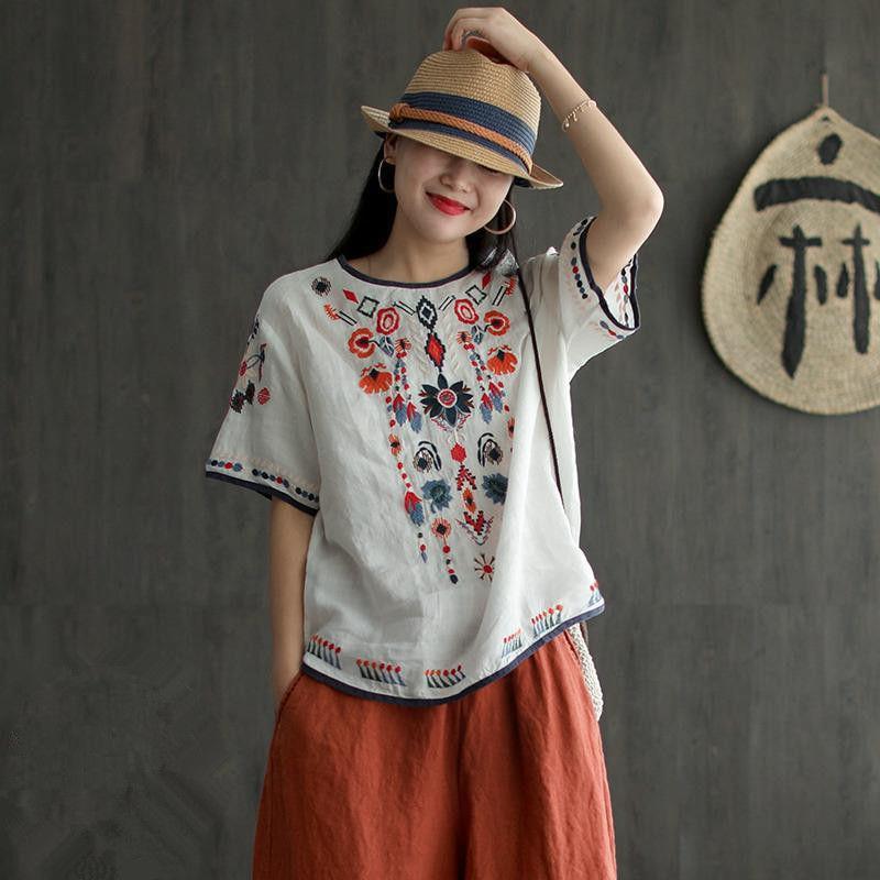 Cotton And Linen Embroidered T-shirt Artistic Loose Pullover Top
