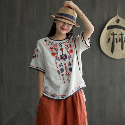 Cotton And Linen Embroidered T-shirt Artistic Loose Pullover Top