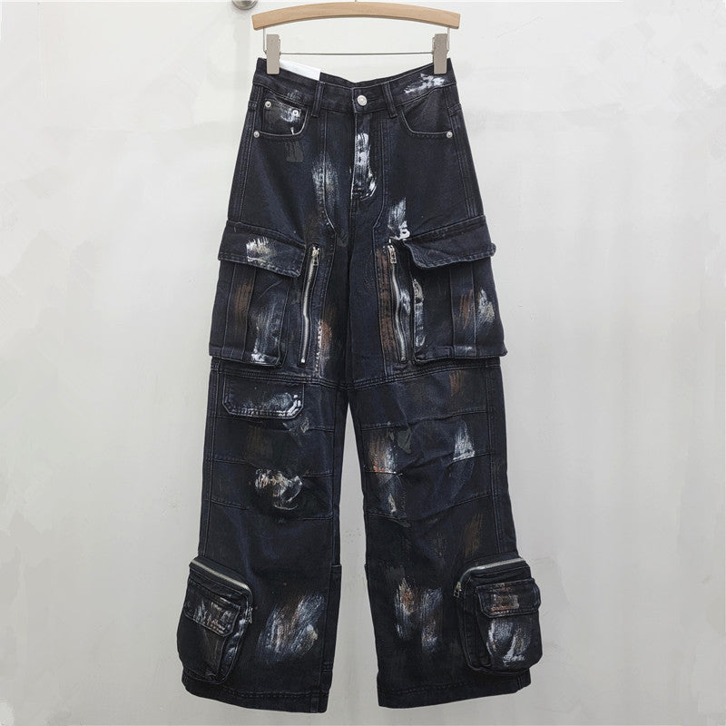 Street Style Design Graffiti Multi-pocket Blue Wide Leg Jeans