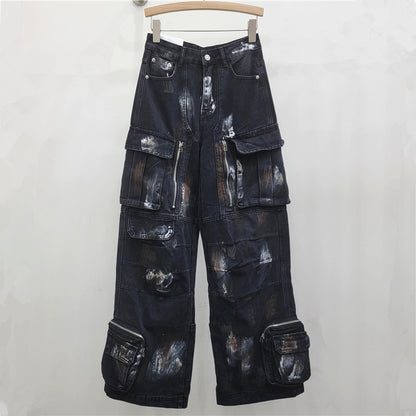 Street Style Design Graffiti Multi-pocket Blue Wide Leg Jeans