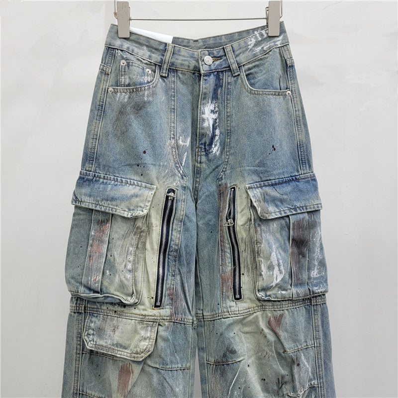 Street Style Design Graffiti Multi-pocket Blue Wide Leg Jeans