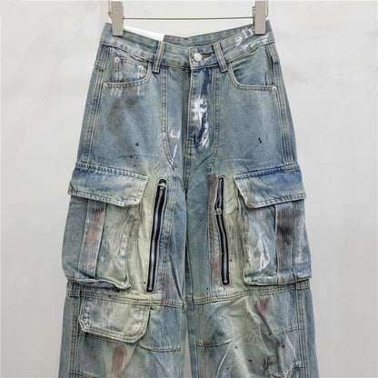 Street Style Design Graffiti Multi-pocket Blue Wide Leg Jeans