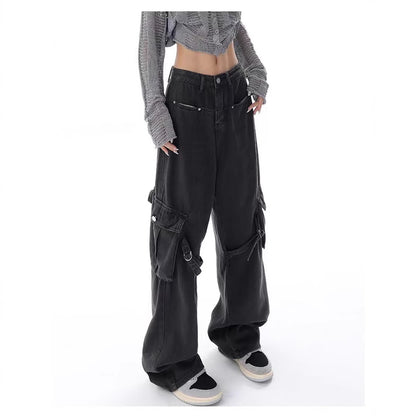 Slimming Large Pocket Design High Waist Straight Wide Leg Jeans