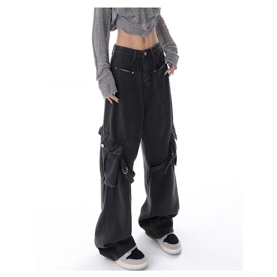 Slimming Large Pocket Design High Waist Straight Wide Leg Jeans