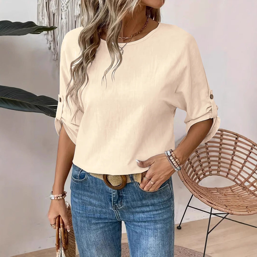 Solid Color Round Neck Casual Fashion Simple Design Women's Elegant Shirt
