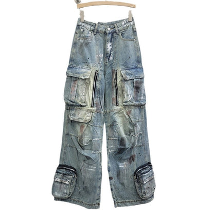 Street Style Design Graffiti Multi-pocket Blue Wide Leg Jeans