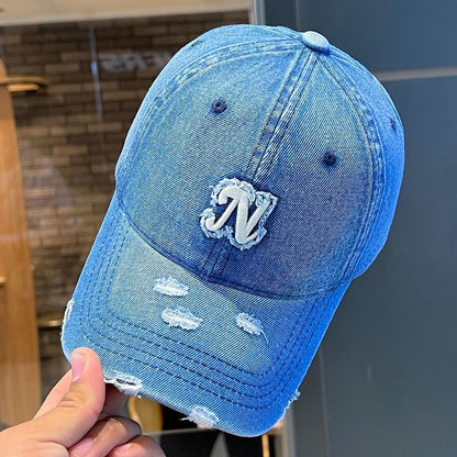 Embroidered Denim Letter Baseball Women's Ripped Peaked Cap Sun Hat