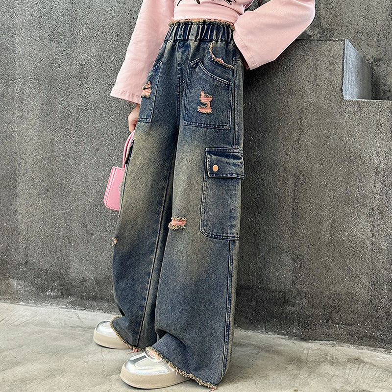 Girls' Fashionable Gradually Varied Pink Broken Holes Pants