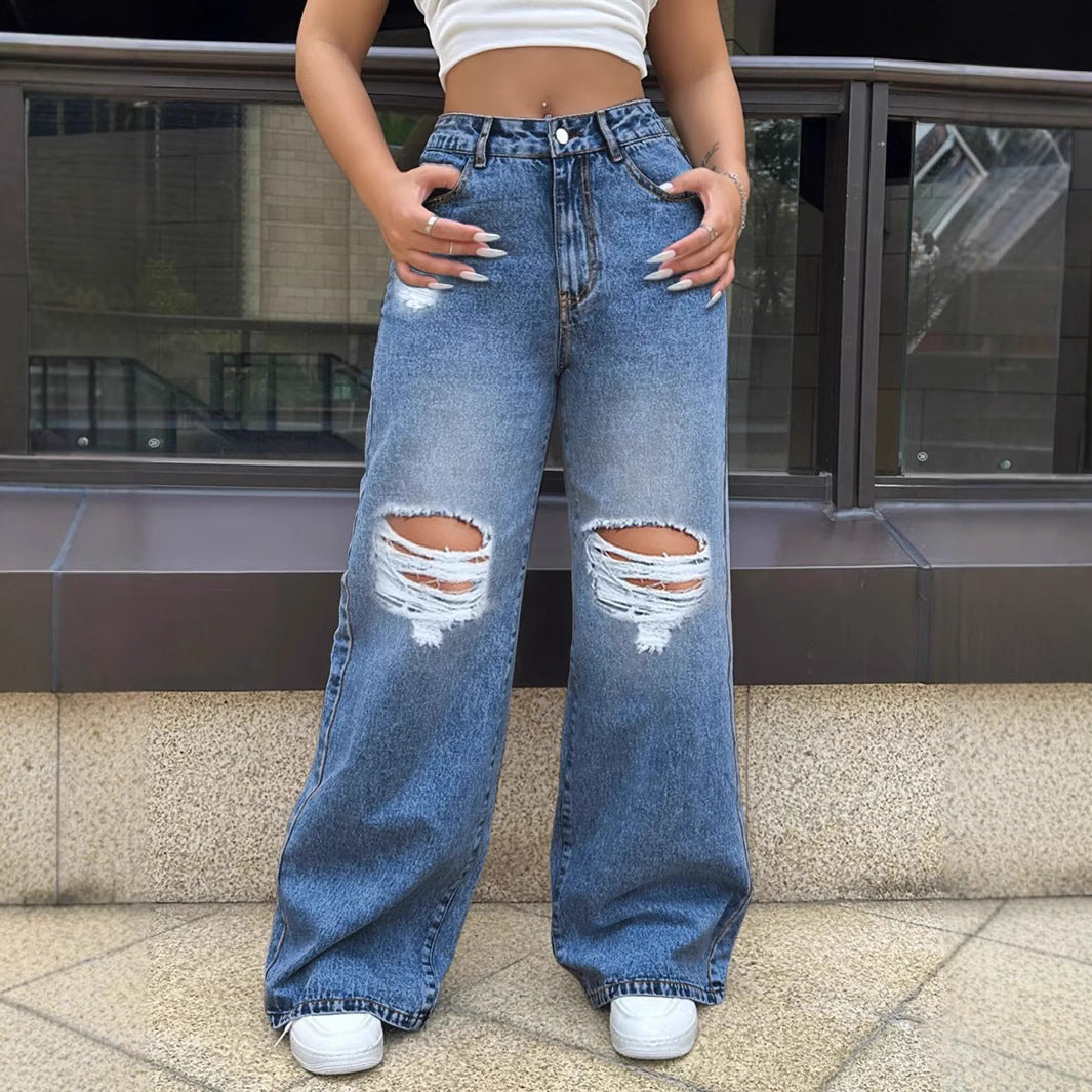 Ripped Washed Jeans Loose Straight Wide Leg