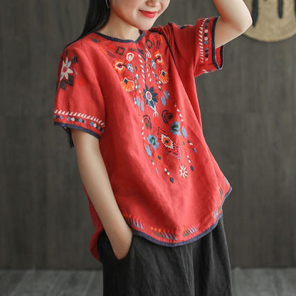 Cotton And Linen Embroidered T-shirt Artistic Loose Pullover Top