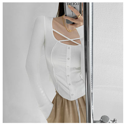 Slim Fit Slimming Sense Of Design Niche Cross Long Sleeves Round Neck Bottoming Shirt Top